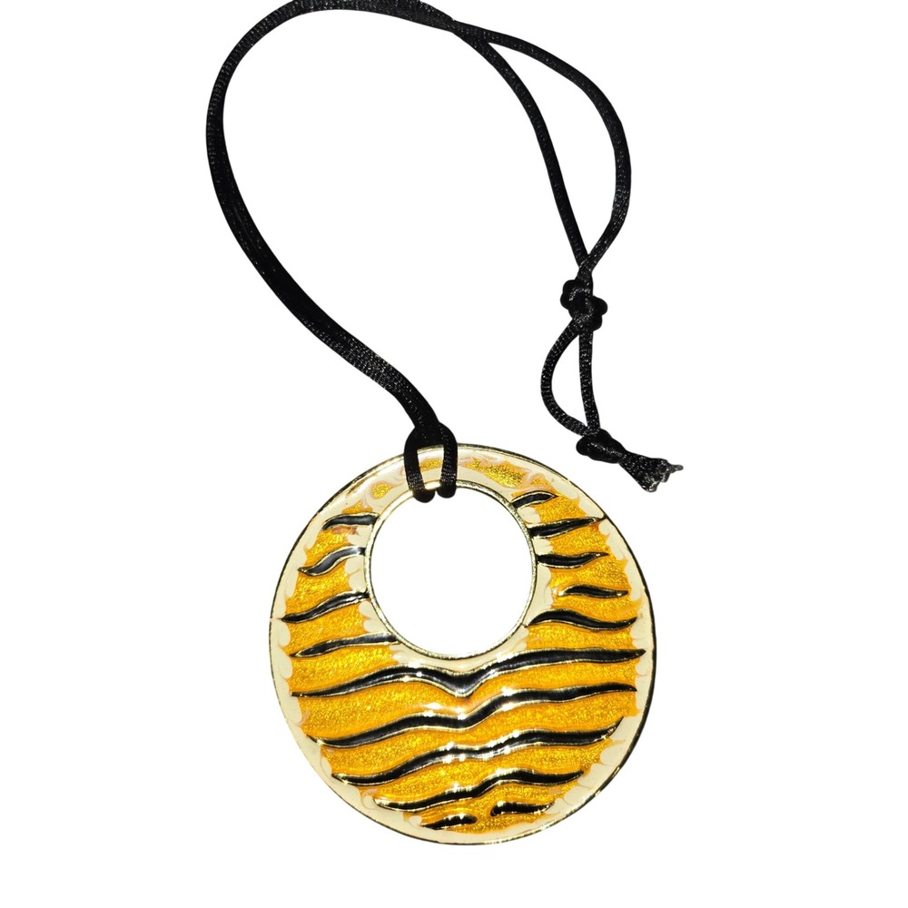 Kenneth Jay Lane Tiger Print Enamel Pendant Necklace Gold Tone Orange Black Cord